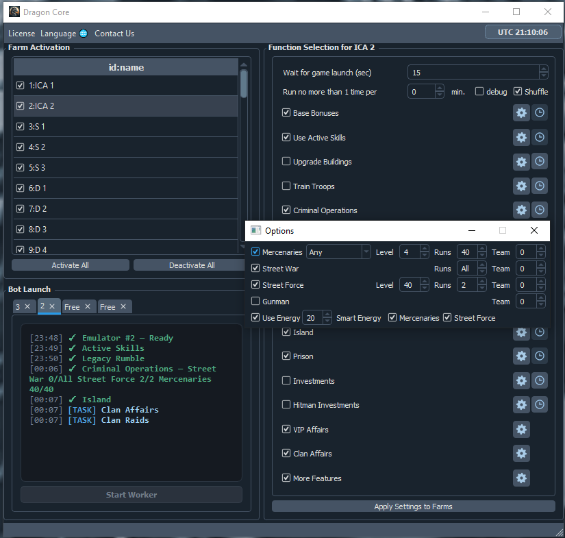 Real Dragon Core dashboard with farm activation, task selection, activity output, and Criminal Operations options