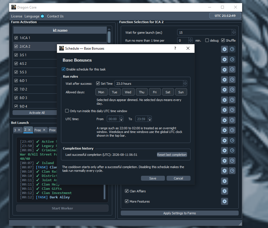 Real Dragon Core scheduler with allowed days, UTC time window, cooldown, and completion history