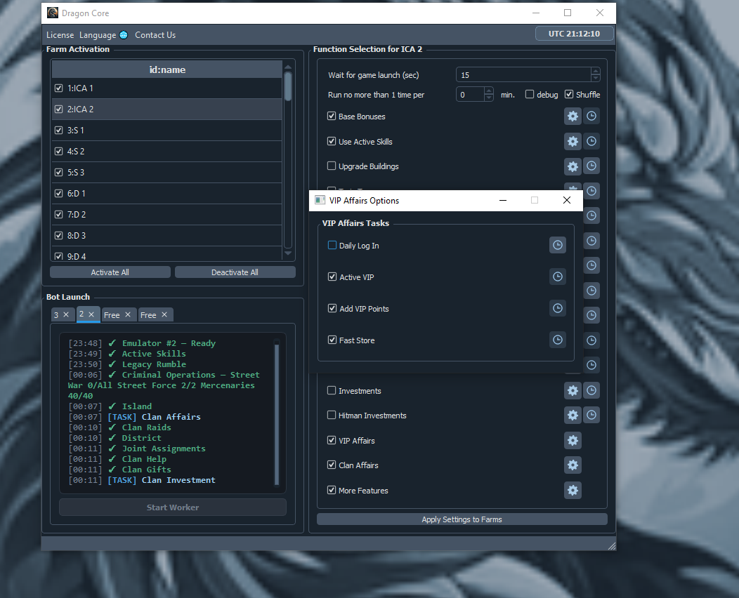 Real Dragon Core VIP Affairs controls for VIP activation, point items, daily login, and Quick Store